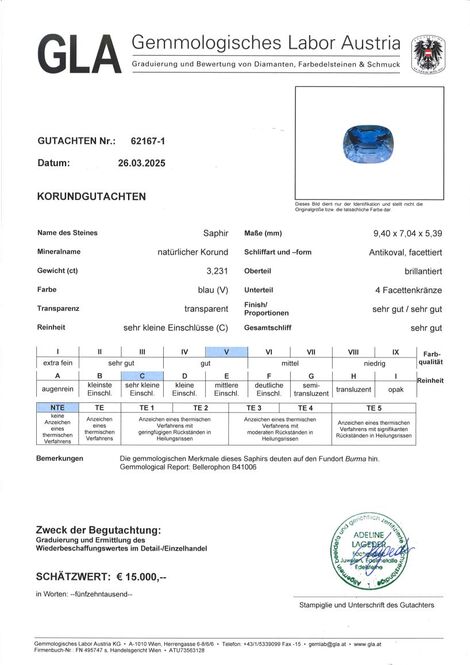 Gutachten zu Burma Sapphire cushion blue untreated 3.23 ct.