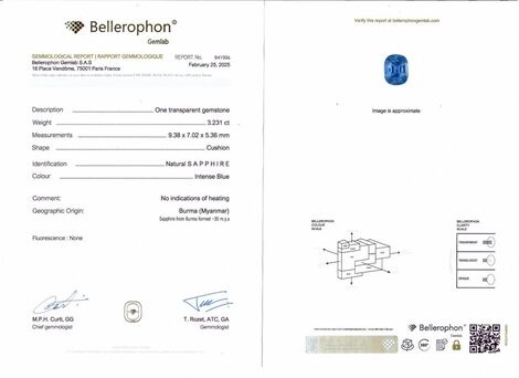 Gutachten zu Burma Sapphire cushion blue untreated 3.23 ct.