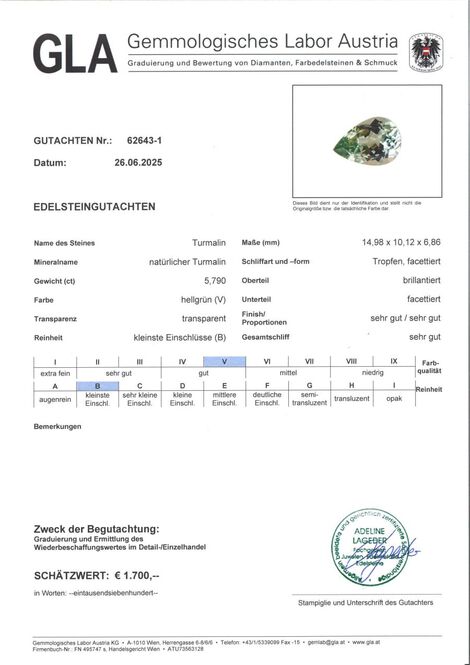 Gutachten zu Tourmaline pear light green 5.79 ct