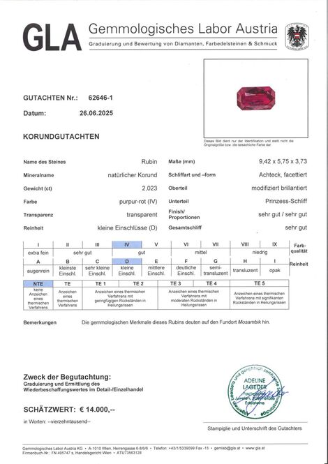 Gutachten zu Rubin octagon purpur-rot ungebrannt 2,02 ct.