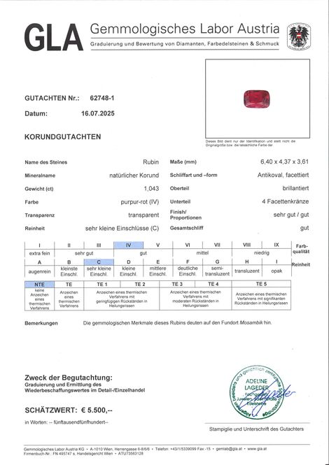 Gutachten zu Rubin antik purpur-rot ungebrannt 1,04 ct.
