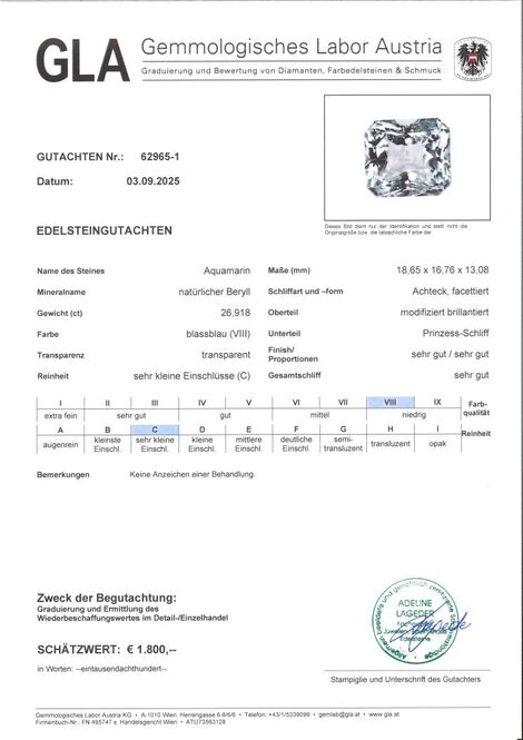 Gutachten zu Aquamarine octagon very light blue 26.92 ct