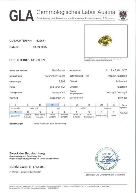 Gutachten zu Mali-Granat Tropfen gelbgrün 3,89 ct
