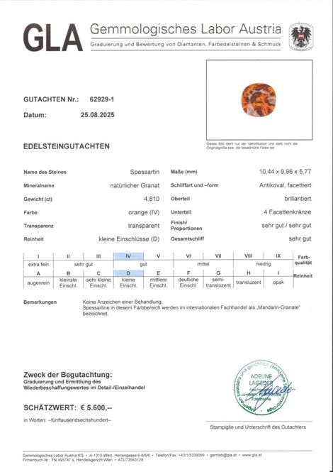 Gutachten zu Mandarin-Granat antikoval orange 4,81 ct.