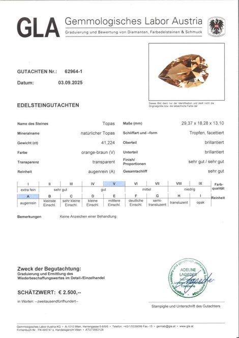 Gutachten zu Topas Tropfen orangebraun 41,22 ct.