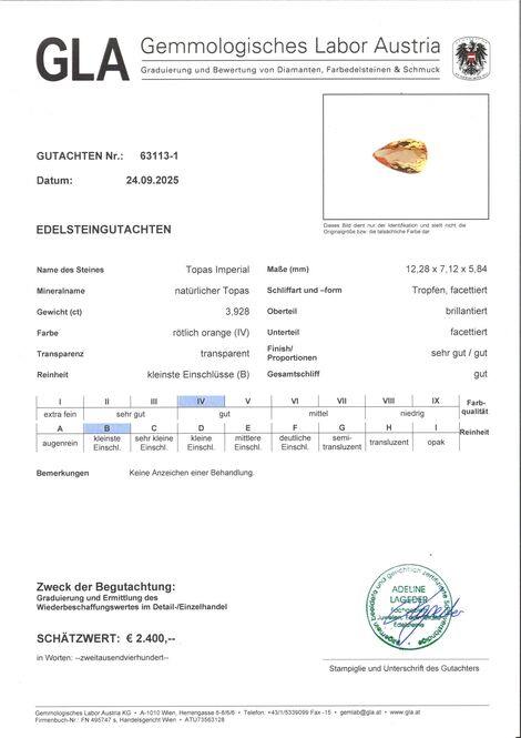 Gutachten zu Imperial Topas Tropfen orange 3,92 ct