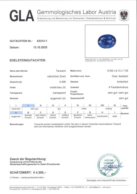 Gutachten zu Tansanit oval intensives Blau 4,49 ct.