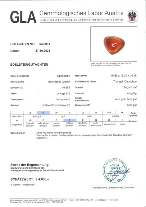 Gutachten zu Mandarin-Granat trillion cabochon orange 19.58 ct.