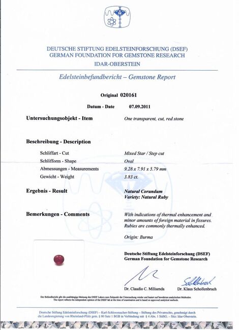 Gutachten zu Burma Ruby oval intense pinkish red 3.83 ct.