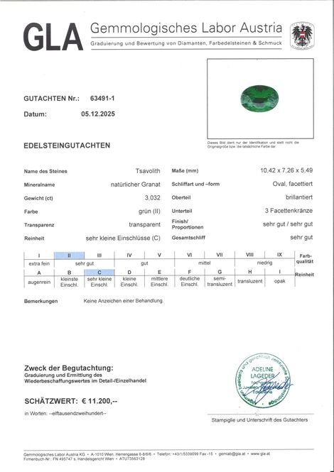 Gutachten zu Tsavorite Garnet oval intense green 3.03 ct.