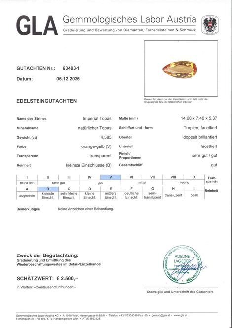 Gutachten zu imperial Topaz pear orange yellow 4.58 ct.