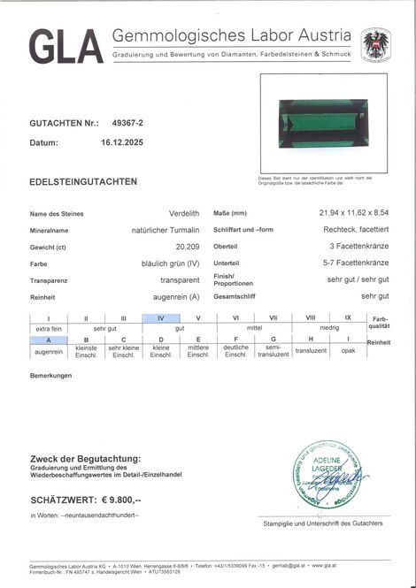 Gutachten zu Verdelith Turmalin Baguette grün 20,29 ct