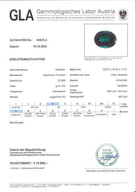 Gutachten zu Verdelith Turmalin oval grün 23,99 ct