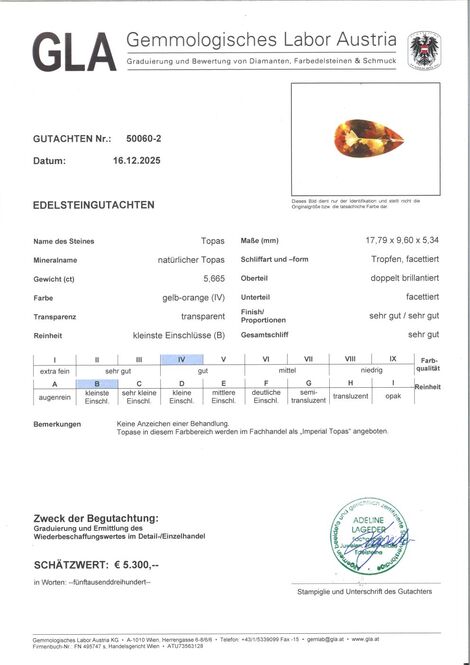Gutachten zu Imperial-Topas Tropfen gelborange 5,66 ct