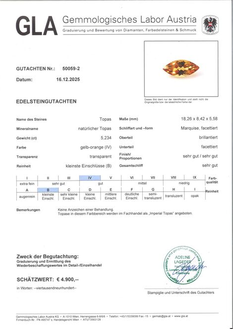 Gutachten zu Imperial-Topas Navette gelborange 5,23 ct