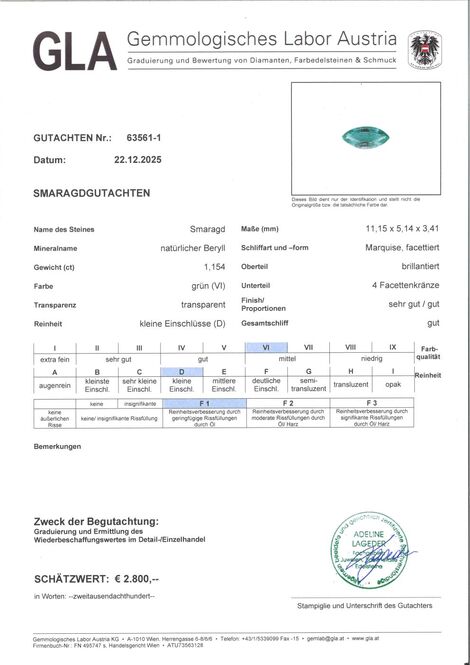 Gutachten zu Smaragd navette grün 1,16 ct