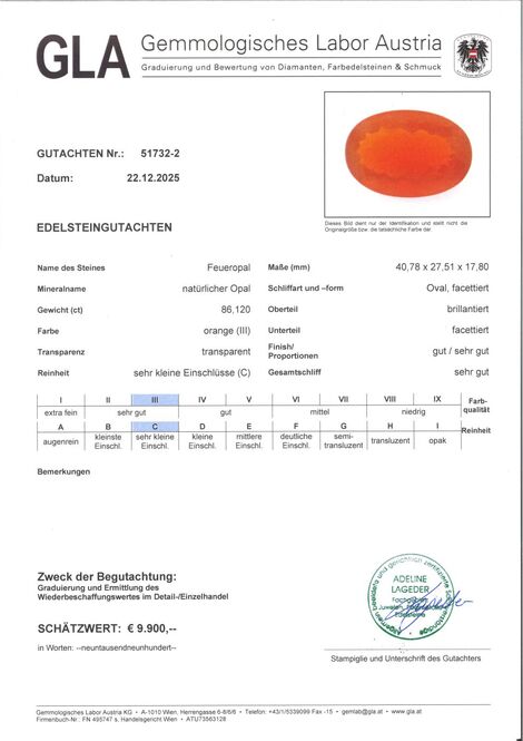 Gutachten zu Fire Opal oval orange 68.12 ct.