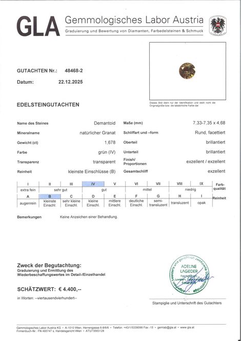 Gutachten zu Demantoid Granat rund-brillantiert grün 1,67 ct