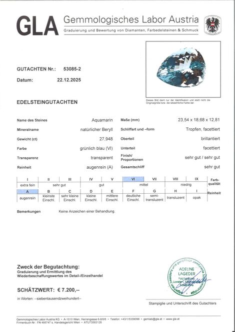 Gutachten zu Aquamarine pear light blue unheated 27.94 ct