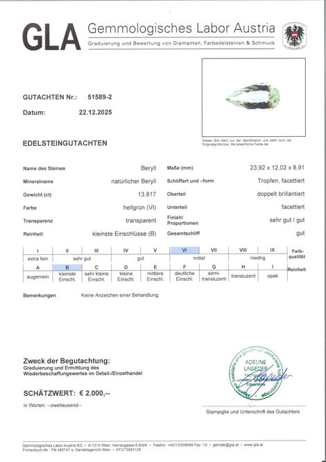 Gutachten zu Edelberyll Tropfen hellgrün 13,81 ct