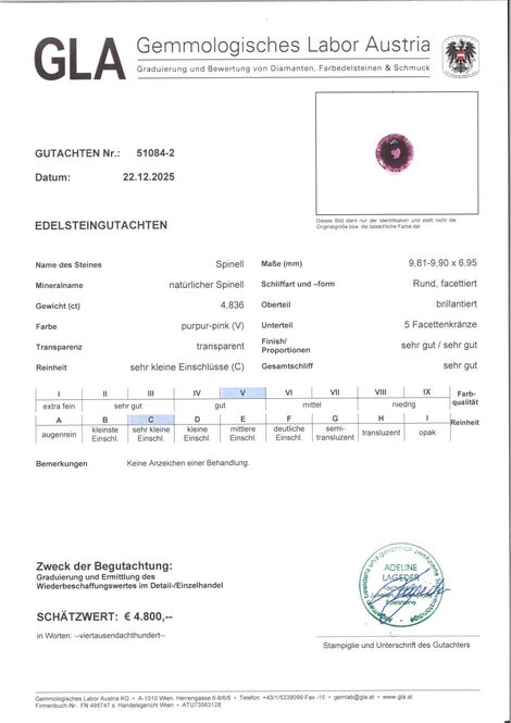 Gutachten zu Spinell rund pink-purpur unbehandelt 4,83 ct