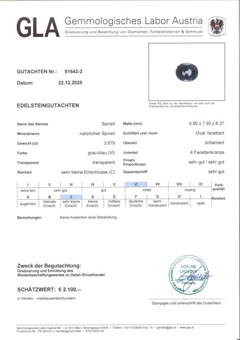Gutachten zu Spinell oval blau 3,88 ct