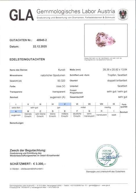 Gutachten zu Kunzite pear 50.32 ct