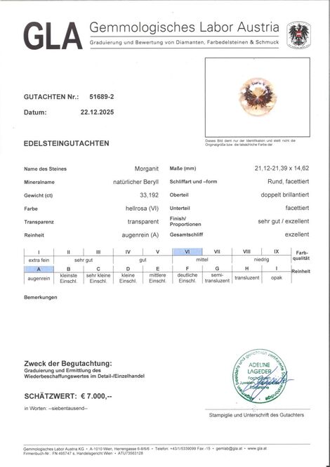 Gutachten zu Morganite Beryll round light pink 33.19 ct