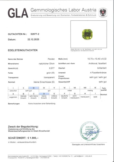 Gutachten zu Peridot cushion green 6.97 ct.