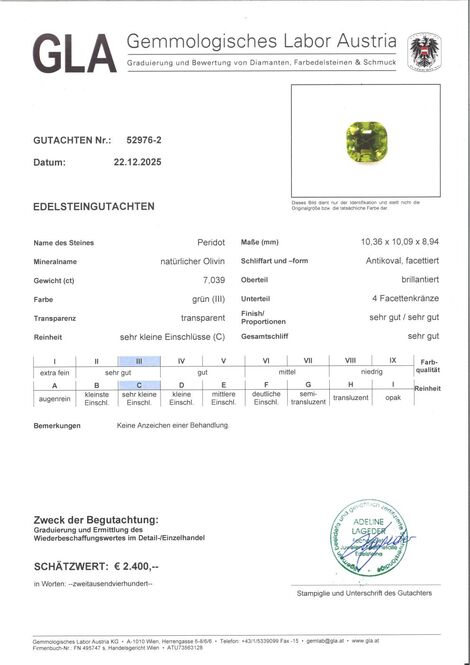 Gutachten zu Peridot cushion intense green 7.03 ct.