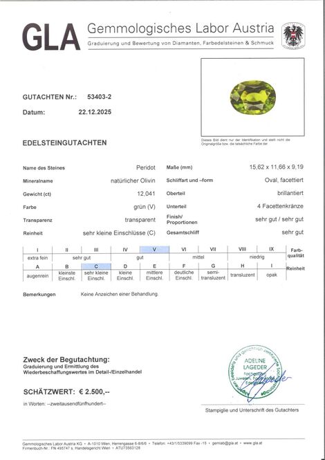 Gutachten zu Peridot oval grün 12,04 ct