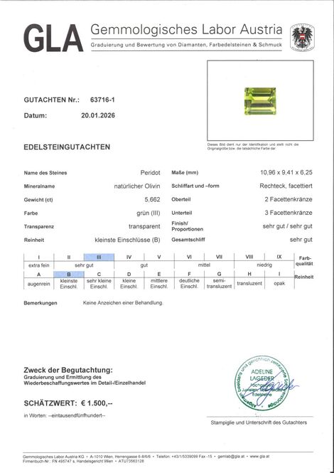 Gutachten zu Peridot Rechteck intensives Grün 5,66 ct.