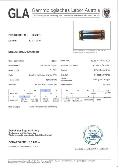 Gutachten zu Bicolor Topaz octagon hellblau+orangebraun untreated 31.59 ct.