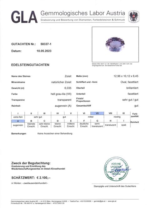 Gutachten zu Zoisite oval gräulich-lila untreated 6.03 ct.