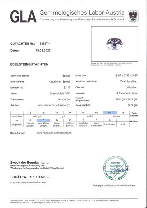 Gutachten zu Spinel oval grayish lilac untreated 3.11 ct