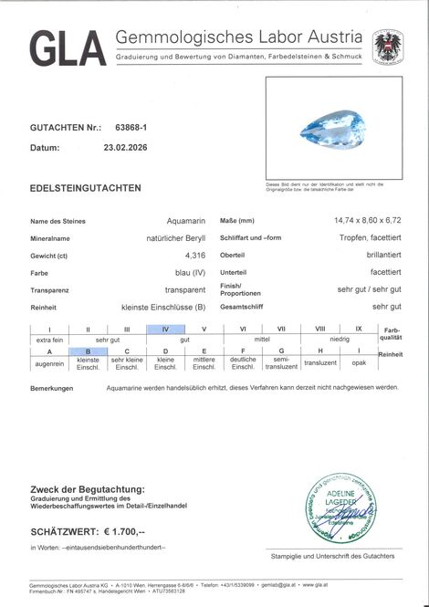 Gutachten zu Aquamarin Tropfen hellblau 4,31 ct.