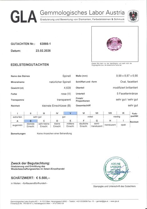 Gutachten zu Spinel oval pink untreated 4.63 ct.
