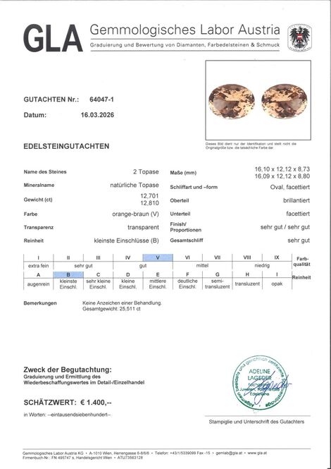 Gutachten zu Topas Duo oval bräunlich 25,51 ct.