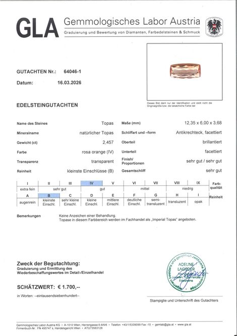 Gutachten zu Imperial-Topas cushion pinkish orange 2.45 ct