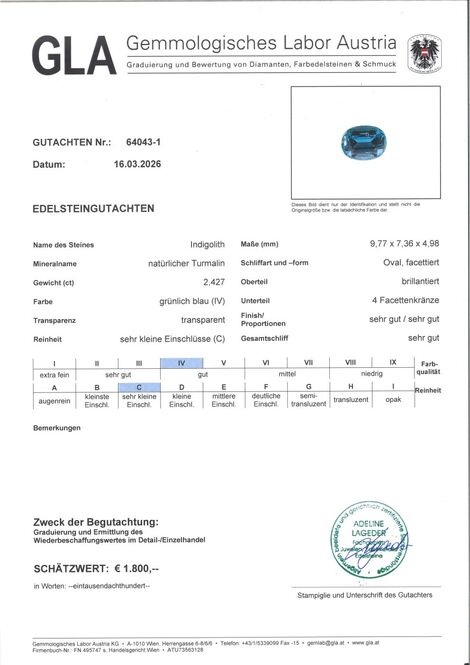 Gutachten zu Indicolite Tourmaline oval blue 2.42 ct.