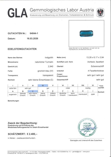 Gutachten zu Indicolite Tourmaline octagon greenish blue untreated 2.94 ct