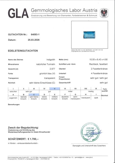 Gutachten zu Indigolith Turmalin Baguette 2,97 ct
