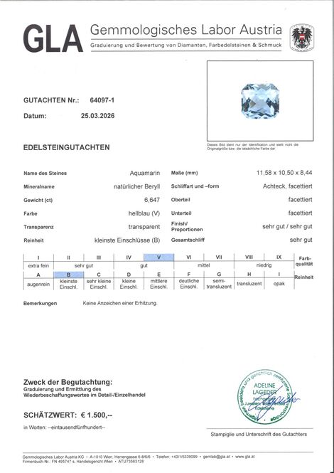 Gutachten zu Aquamarin octagon hellblau unbehandelt 6,64 ct