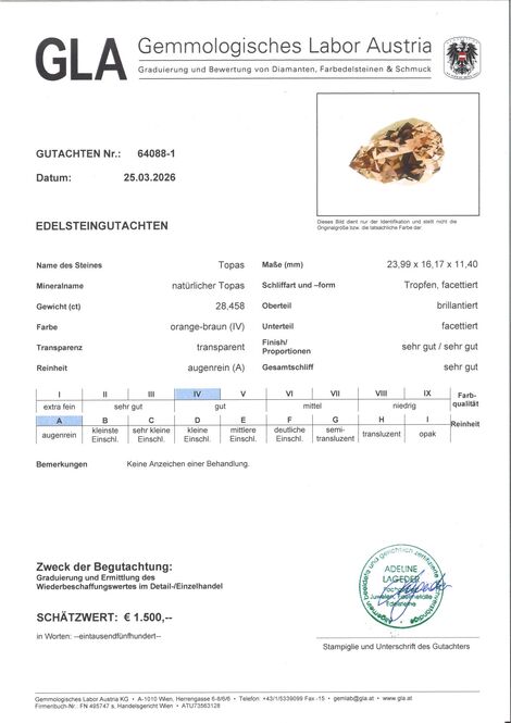 Gutachten zu Topaz pear yellow brown untreated 28.45 ct.