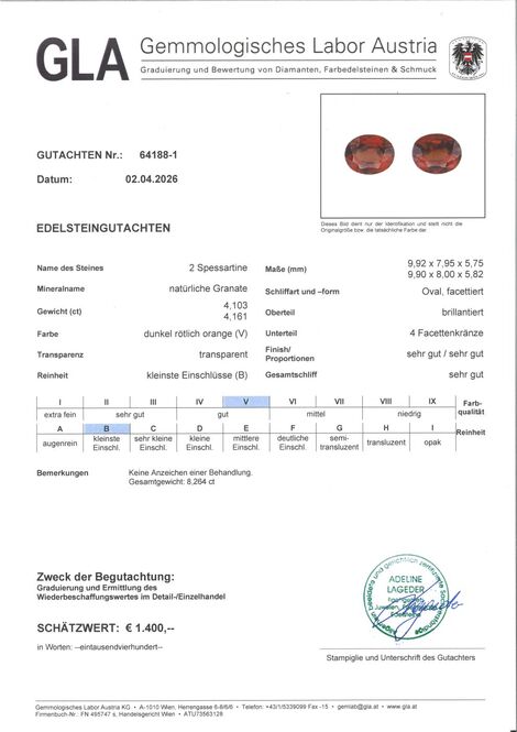 Gutachten zu Spessartine Garnet Pair oval orange red 8.26 ct.
