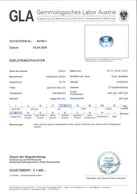 Gutachten zu Zircon oval blue 5.77  ct.