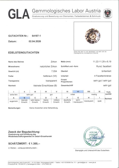 Gutachten zu Zircon round light brown 7.05 ct