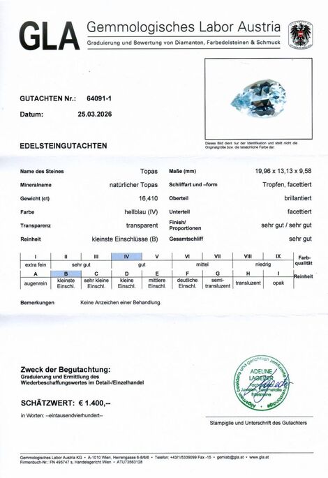 Gutachten zu Topas Tropfen hellblau unbehandelt 16,41 ct.