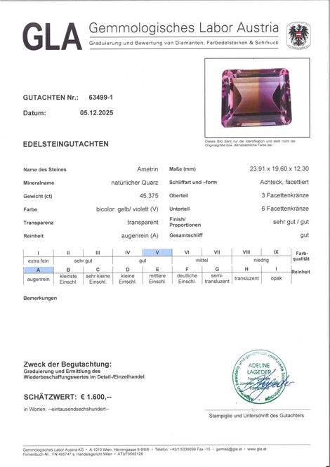 Gutachten zu Ametrin octagon violett+gelb 45,37 ct.