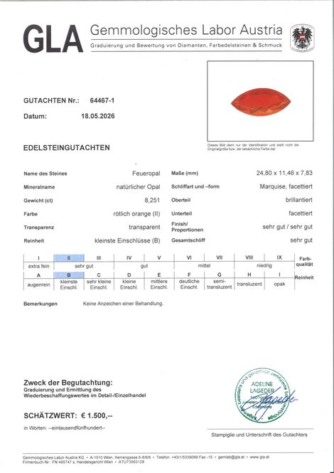 Gutachten zu Feueropal Navette orangerot 8,25 ct.